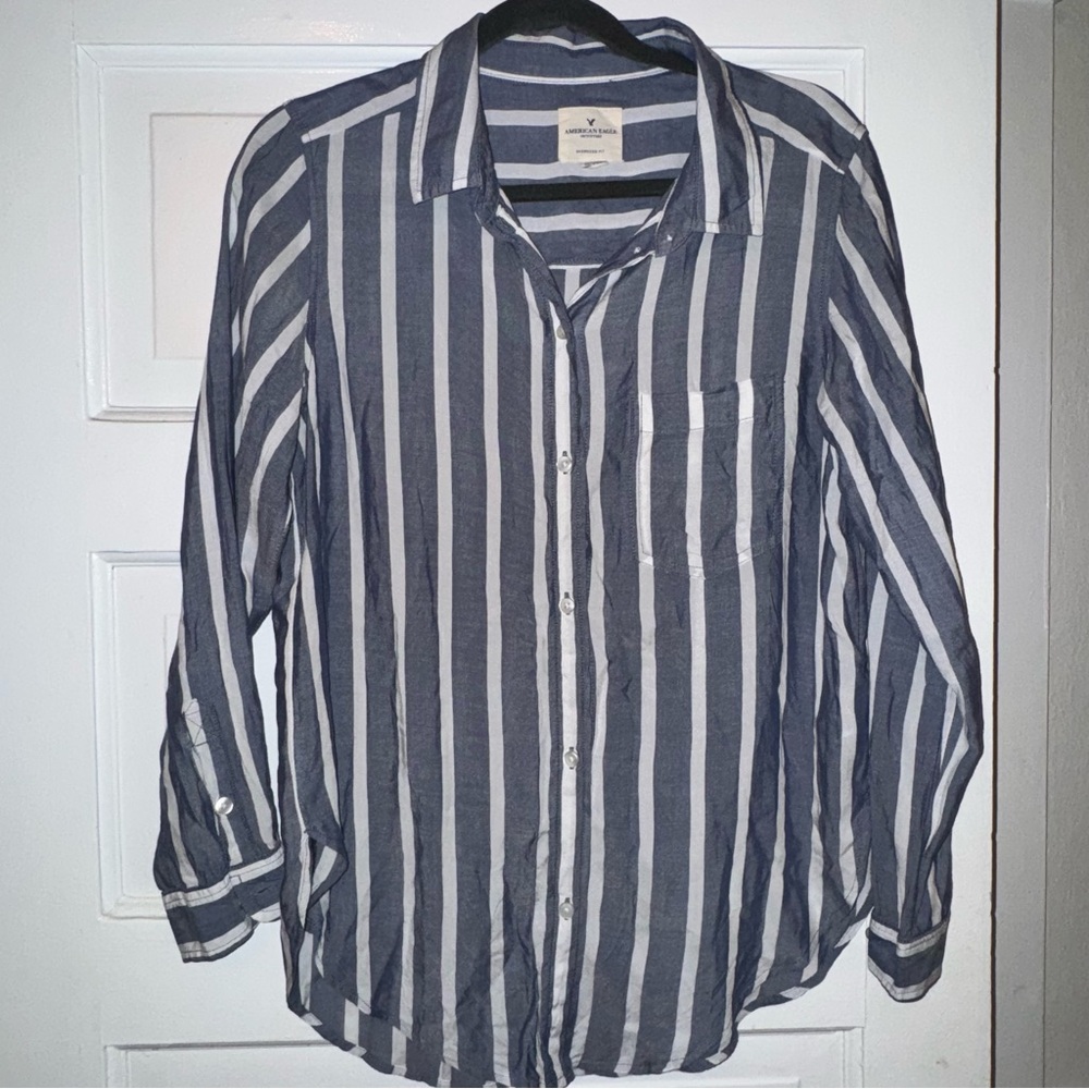 American Eagle Outfitters Navy and White Striped Shirt